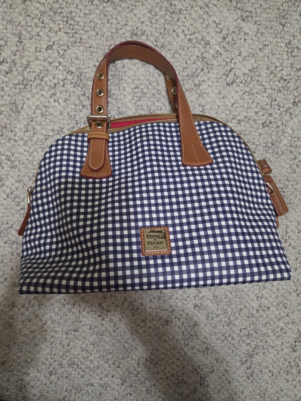 Dooney & Bourke Navy Gingham Tote with Tan Leather Trim